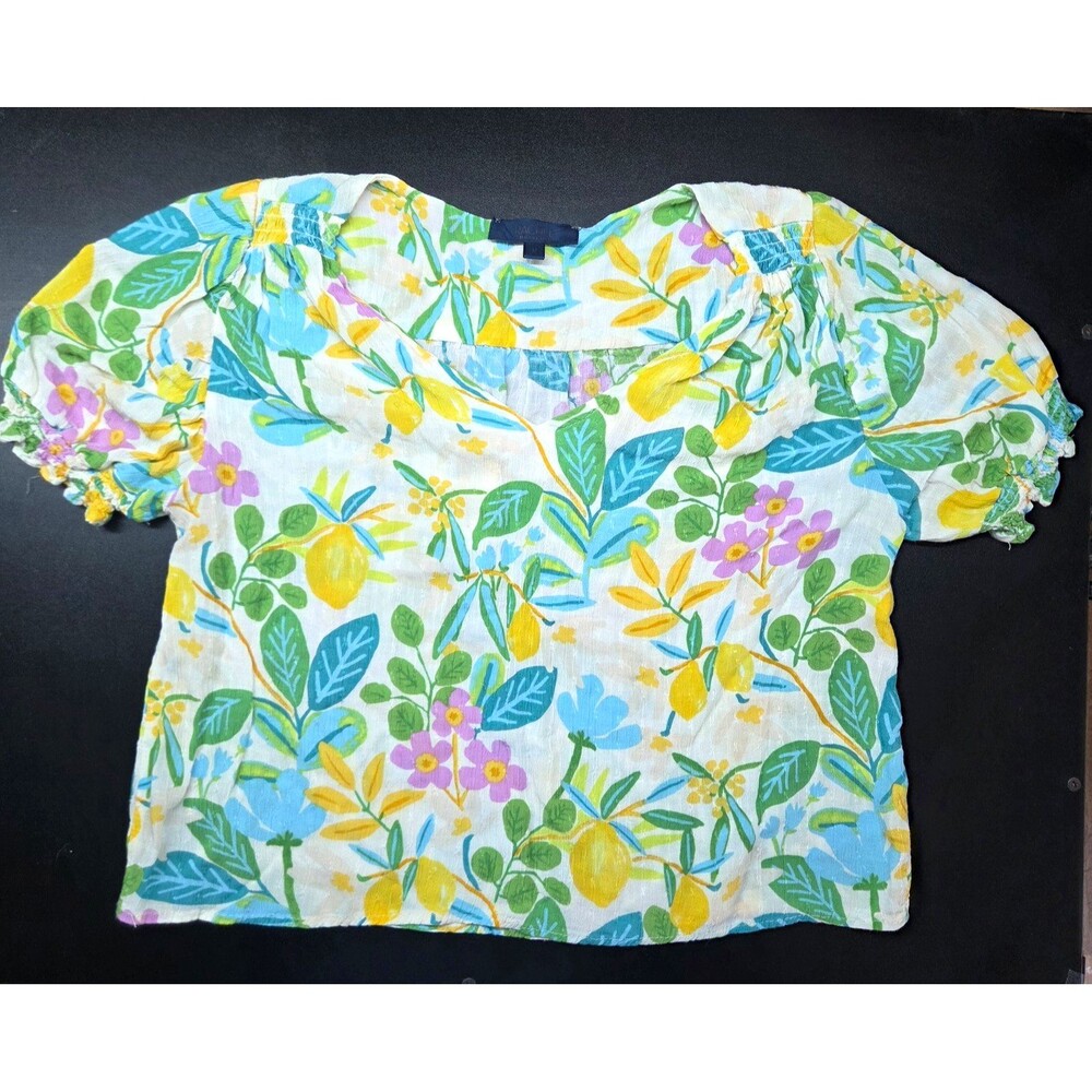 Rachel Floral V-Neck Puff Short Sleeve Pullover Ruffle Blouse Multicolor M
